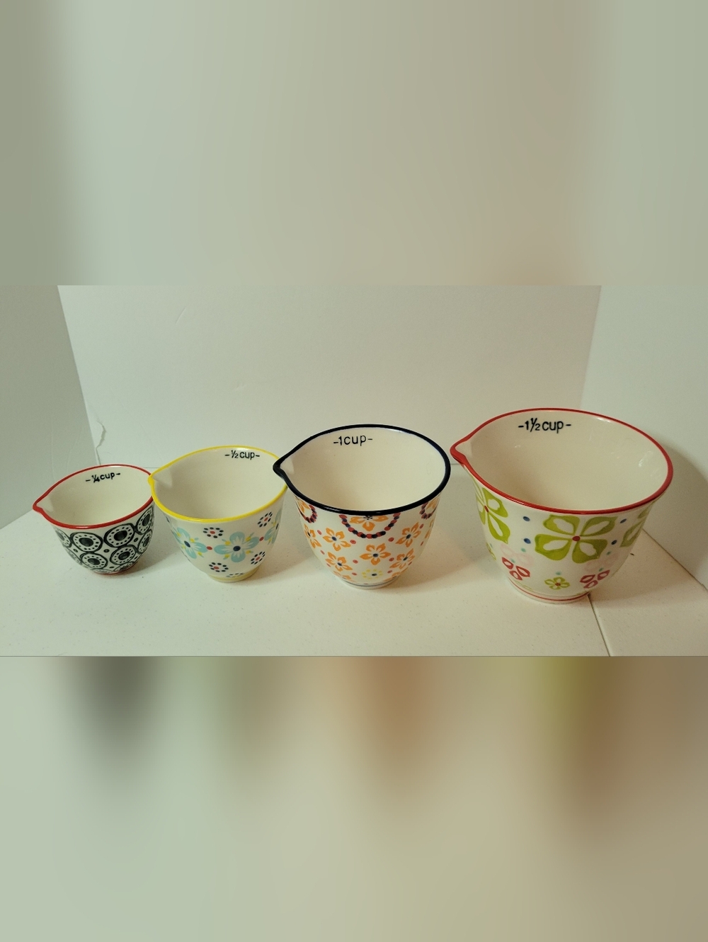 Creative Co-Op Floral Handstamped Stoneware Measuring Cups